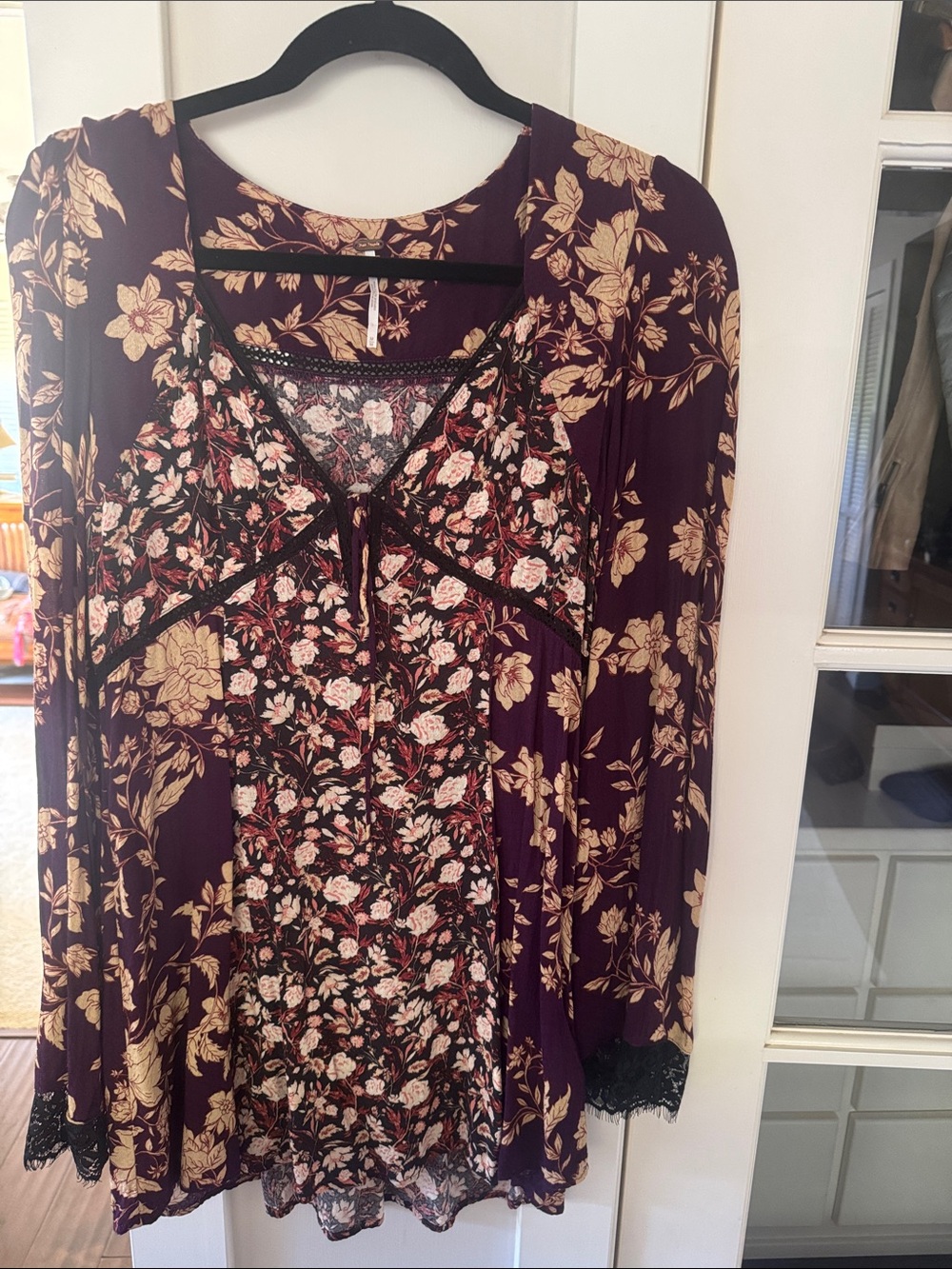 Free People Plum and Cream Floral Lace-Trim Tunic/mini dress